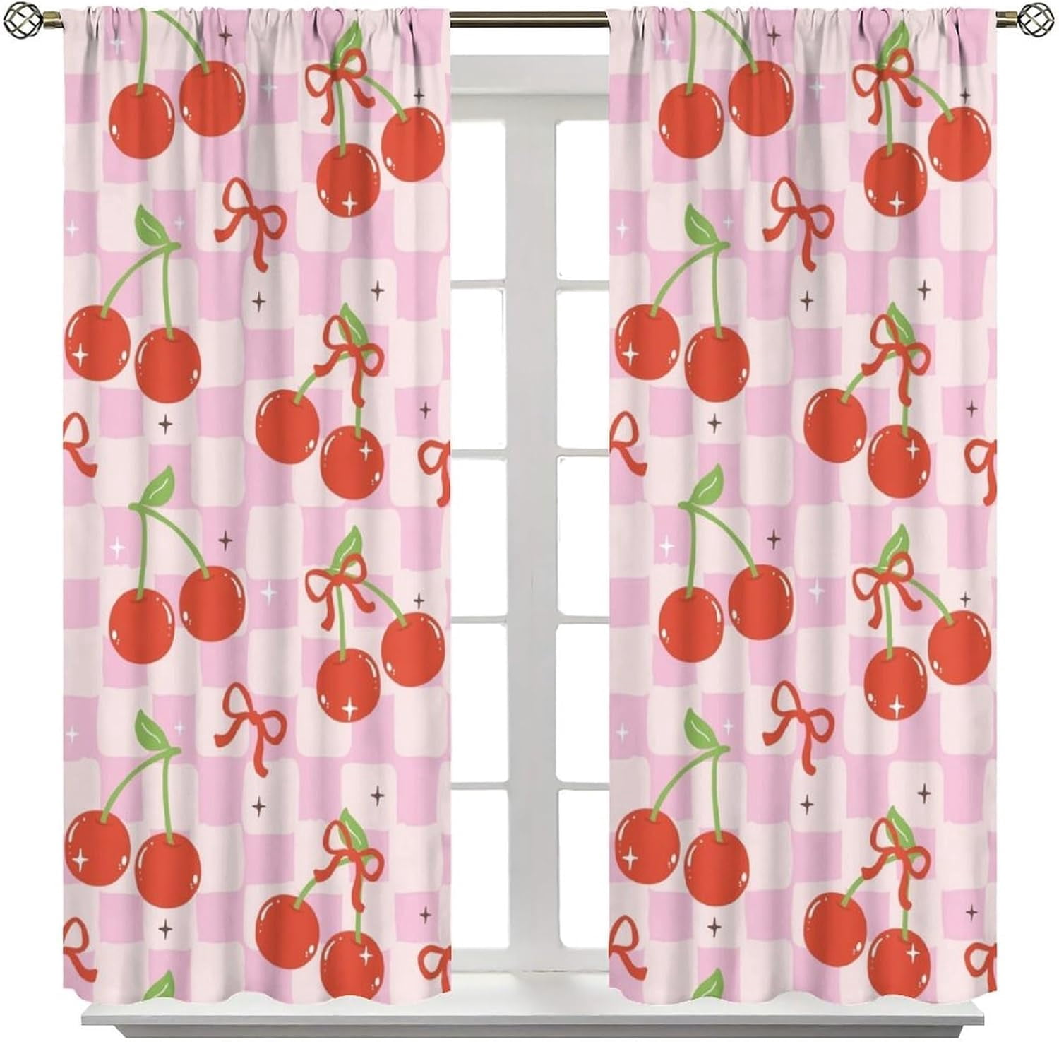 Cute Bow Curtains, Retro Pink Cherkered Cartoon Red Cherries Bows Aesthetic Modern Print Window Treatments for Kids Girls Bedroom Livingroom Bathroom, 42" W X 54" L