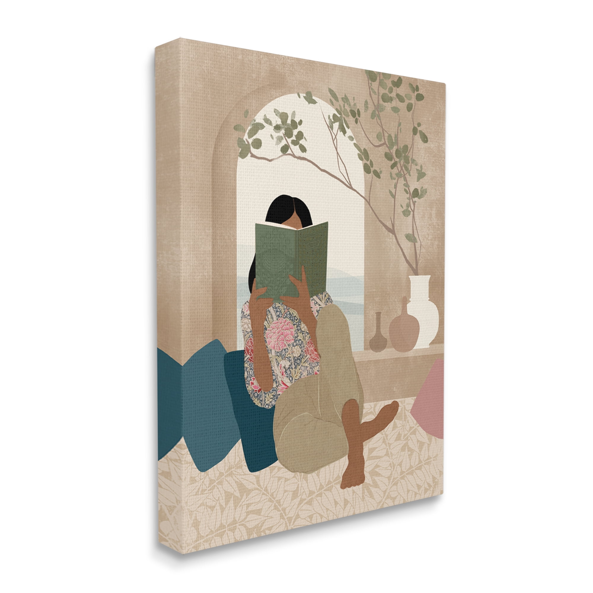 Stupell Industries Boho Girl Reading Book Botanical & Floral Painting Gallery Wrapped Canvas Print Wall Art, 30 x 40