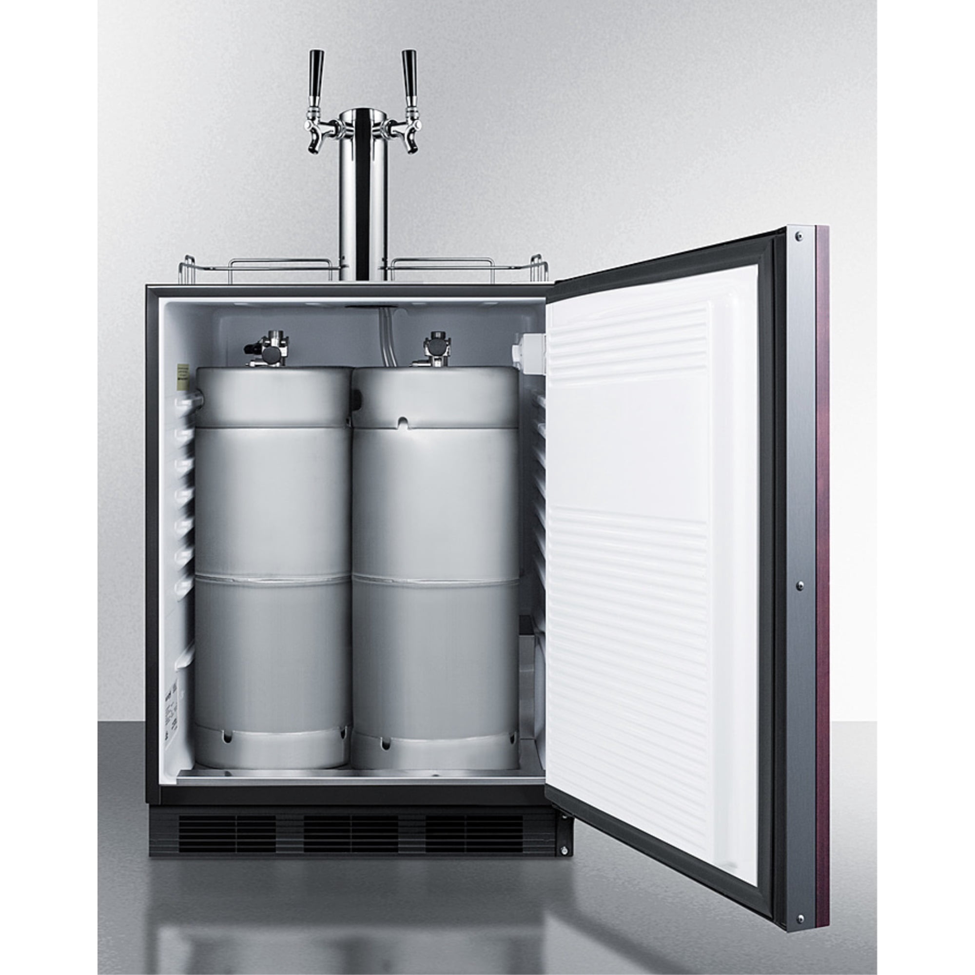 Built-in kegerator for use under ADA compliant counters with dual tap kit for two 1/6 kegs and panel-ready door