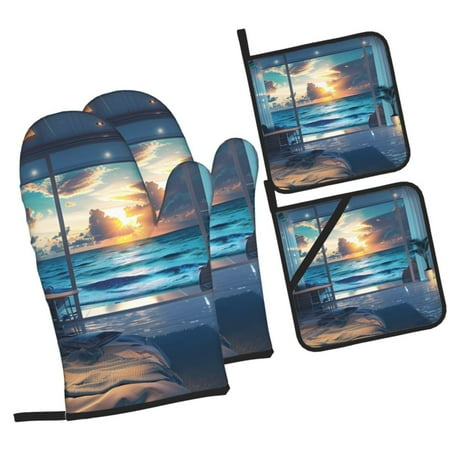

Zeuib Ocean View Bedroom Oven Mitts and Potholders BBQ Gloves Kitchen Oven Glove High Heat Resistant 500 Degree Extra Long Oven Mitts and Potholder with Non-Slip Silicone Surface for Cooking