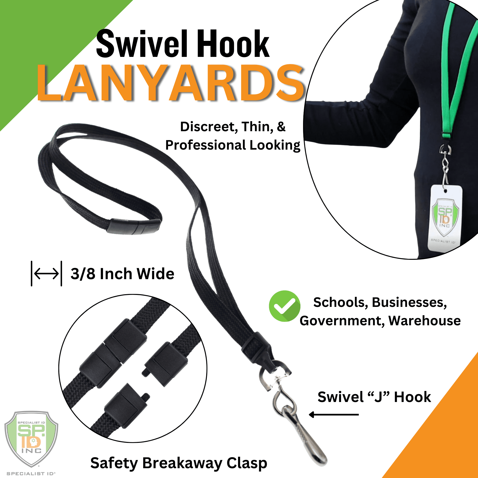 Bulk 100 Pack - Premium Black Breakaway Lanyards for ID Badges - 3/8” Wide | 36 Inch Length |Flat Woven with Metal Swivel Hook by Specialist ID