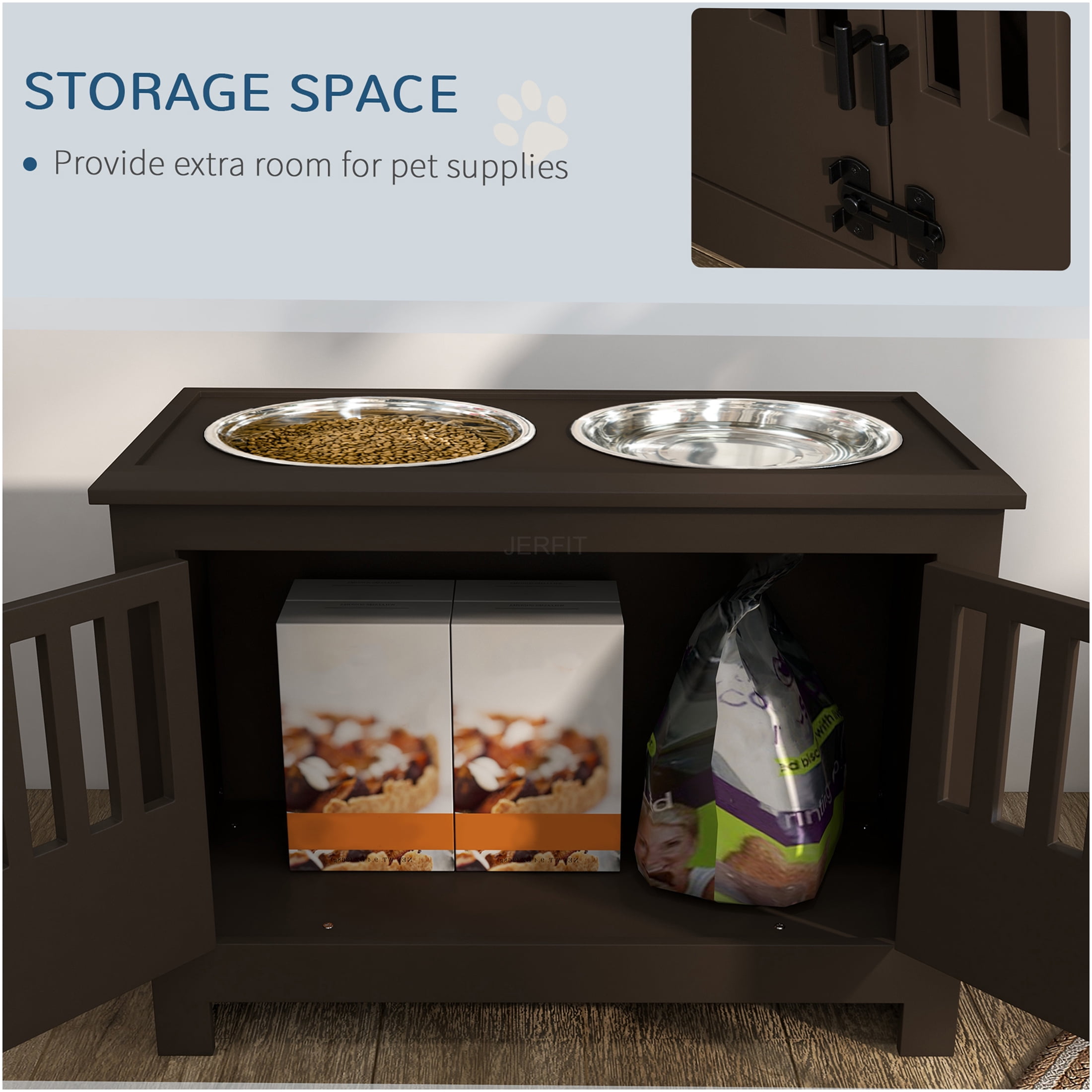 JERFIT Elevated Dog Feeder with Storage Cabinet, 37L Pet Food Organizer Stand with 2 Stainless Steel Bowls for Large Dogs, Espresso