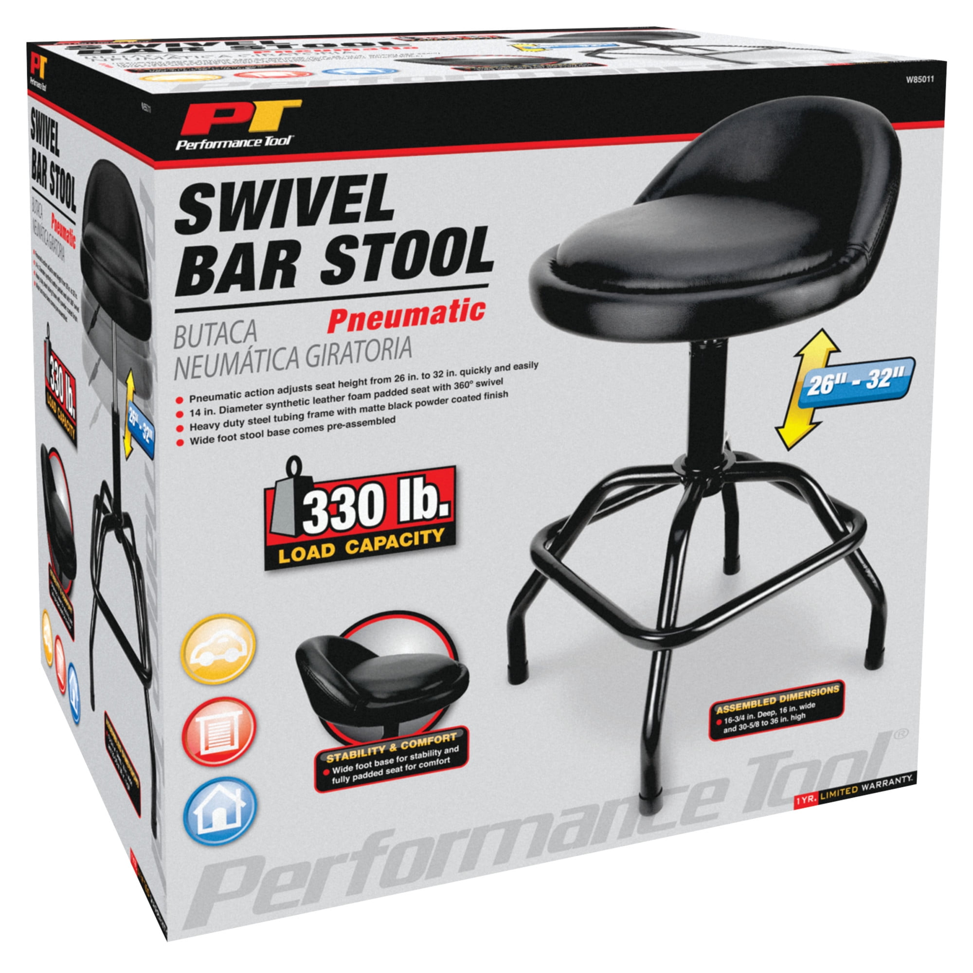 Performance Tool W85011 Pneumatic Swivel Bar Stool with Back Support, 360-Degree Swivel, Heavy Duty Steel Frame, Black