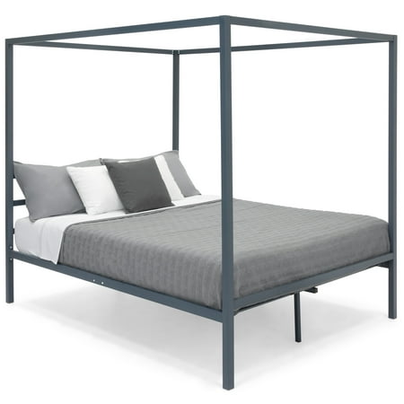 Best Choice Products Industrial 4 Corner Post Steel Canopy Queen Platform Bed Frame with Headboard, Metal Slats, (Best Portable Queen Bed)