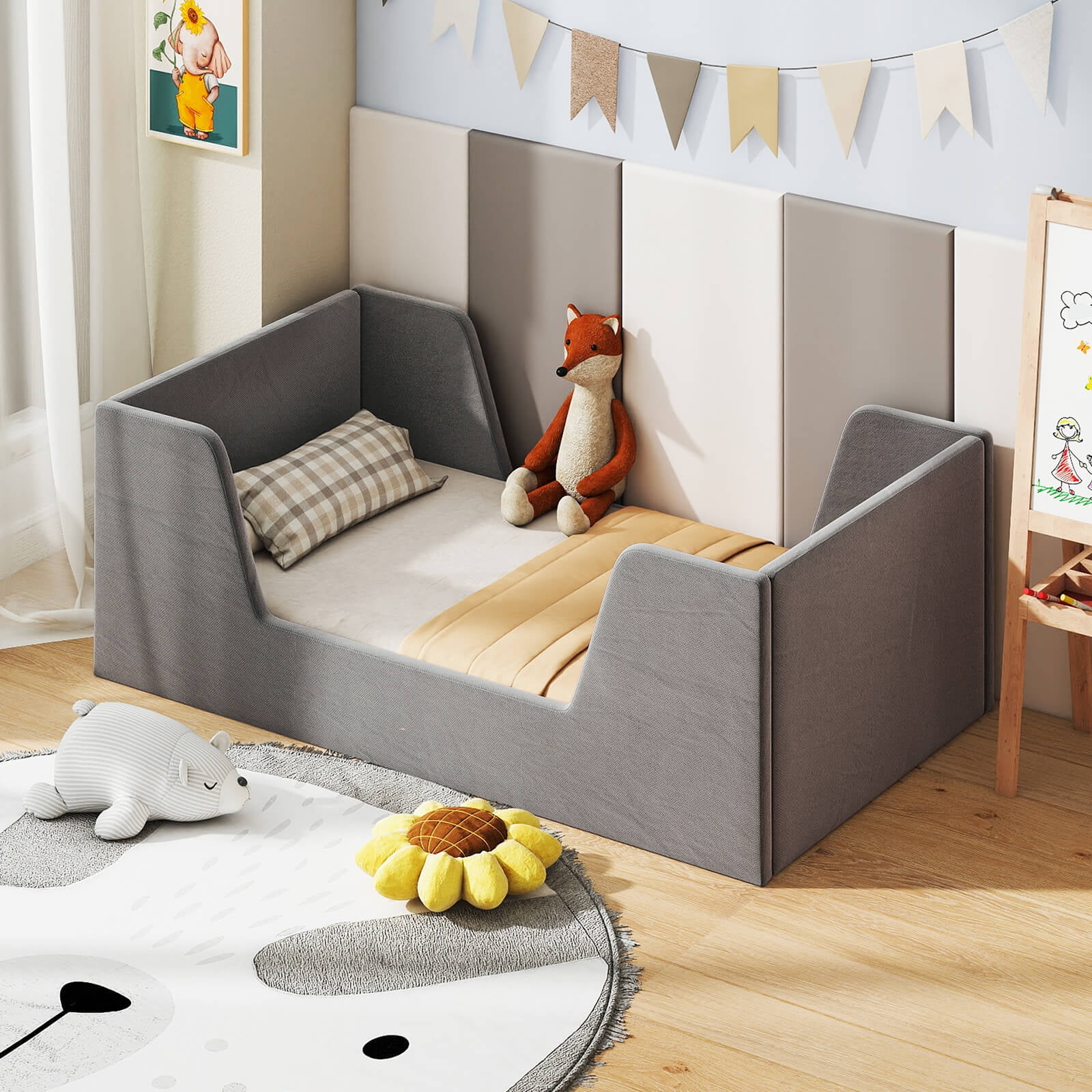Costway Soft Velvet Fabric Upholstered Children Floor Bed with Safety Rails & Headboard Gray