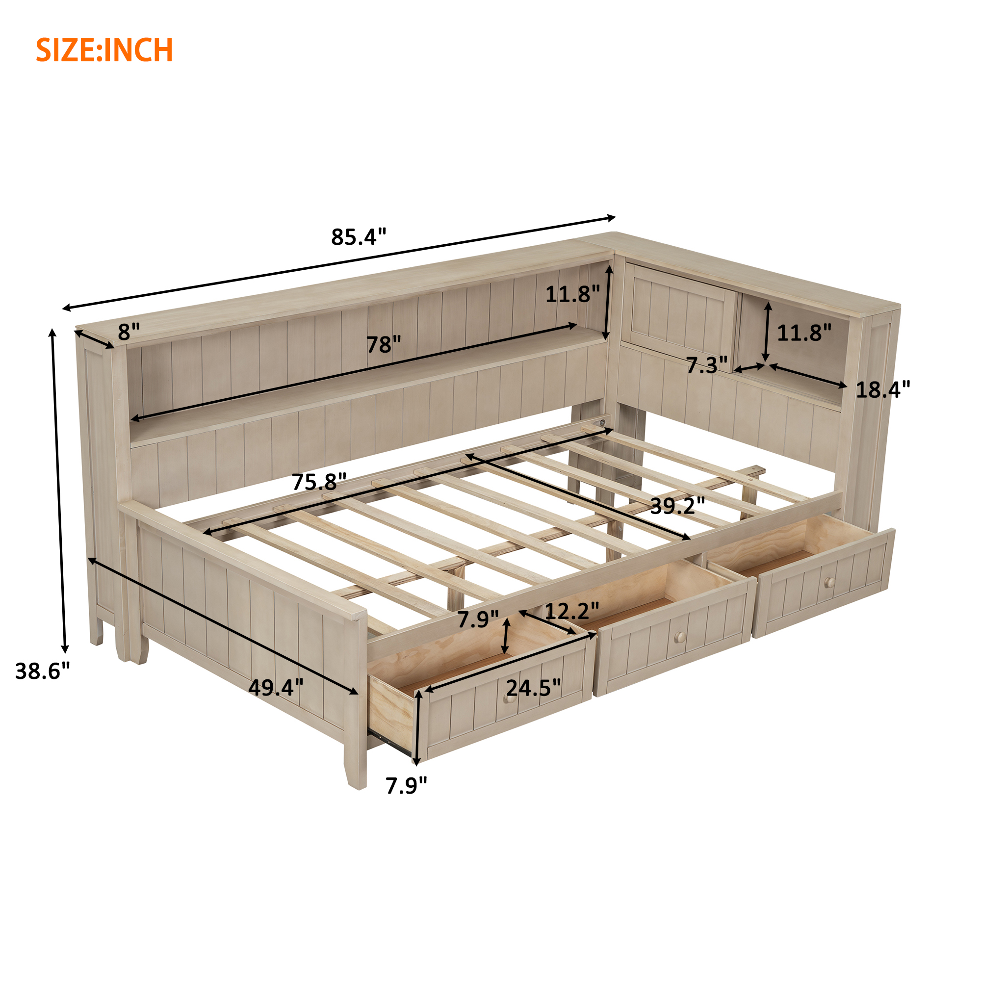 Euroco Wood Twin Size Daybed with Storage Shelves and Drawers