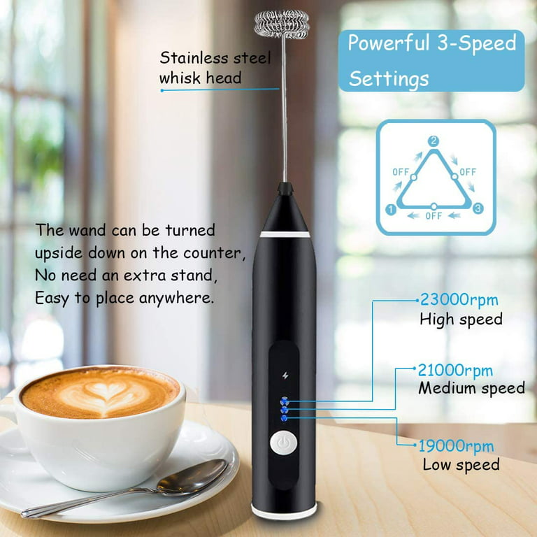 Milk Frother Handheld, USB Rechargeable Electric Foam Maker for Coffee, 3  Speeds Mini Milk Foamer Drink Mixer Egg Beater with 2 Whisks for Coffee