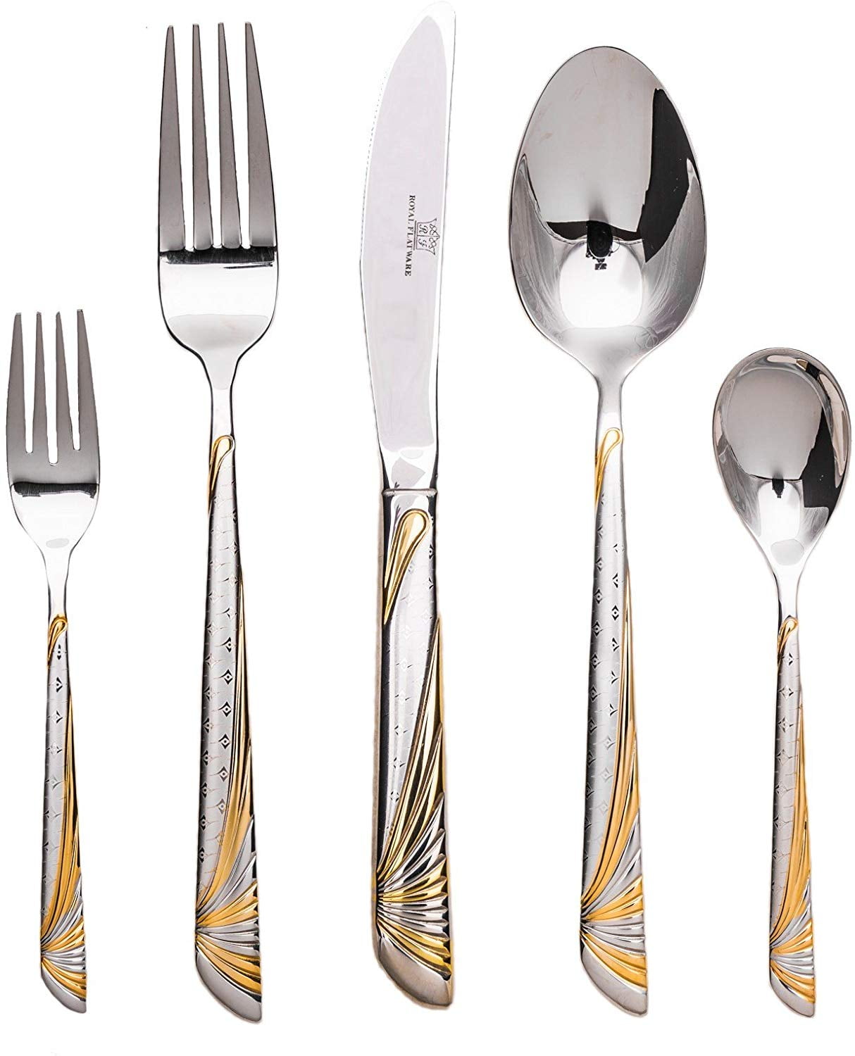 Gold 20-Piece Premium Surgical Stainless Steel Silverware Flatware Set 18/10 Service for 4 24K Gold-Plated Hostess Serving Set Royal Flatware RF2244 