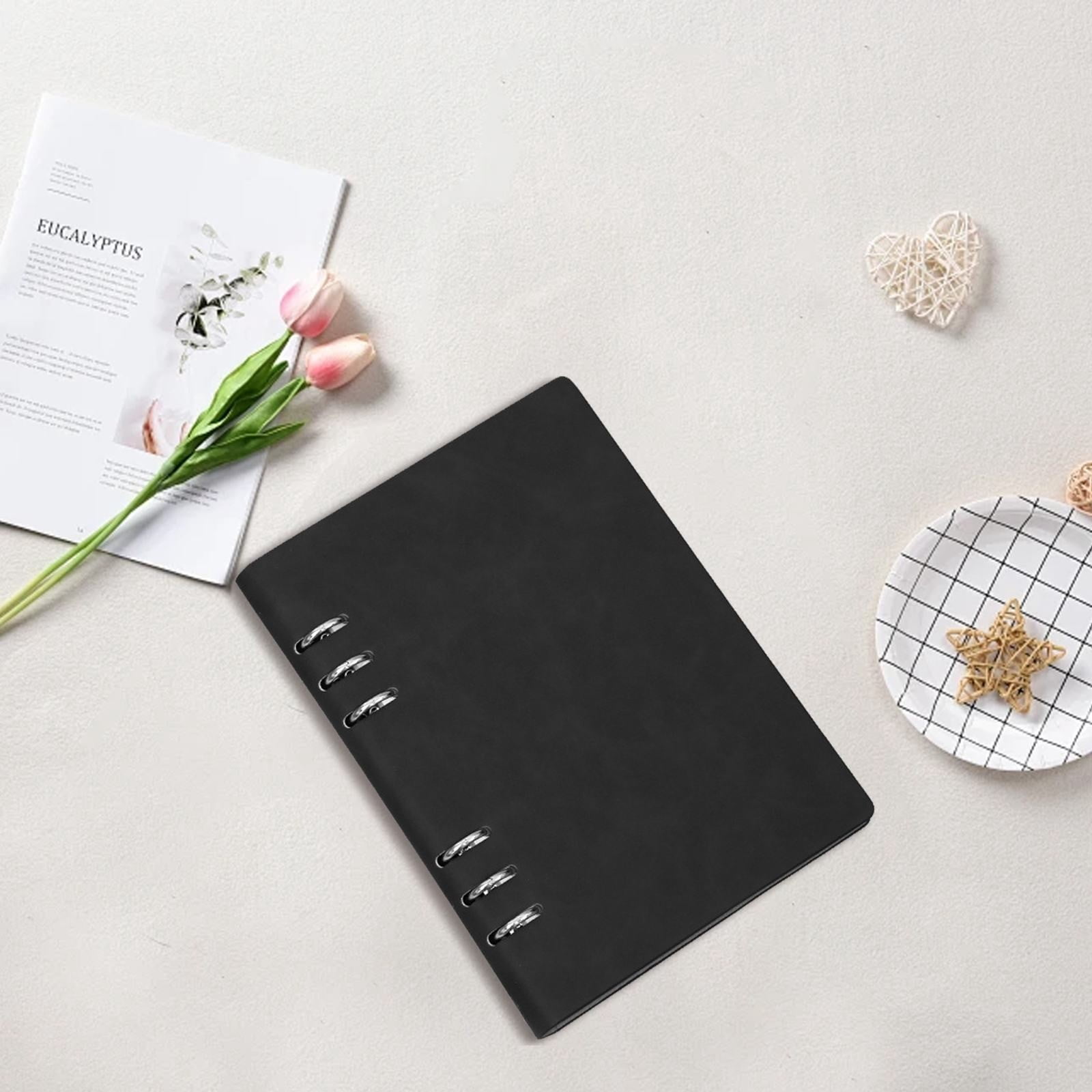 6 Ring Binder Cover, A5 Size Leather Notebook Binder Mini Refillable Loose Leaf Personal Planner with 96Sheets/192Pages Line Paper for Outdoor Travel Diaries, Sketchbooks, 1Pc(Black,9x6.5")
