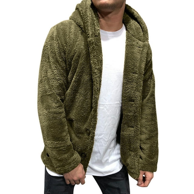 Daeful Jacket Thicken Plush Outwear Long Sleeve Coat Mens Open Front Button Down Fleece Overcoats ArmyGreen 2XL