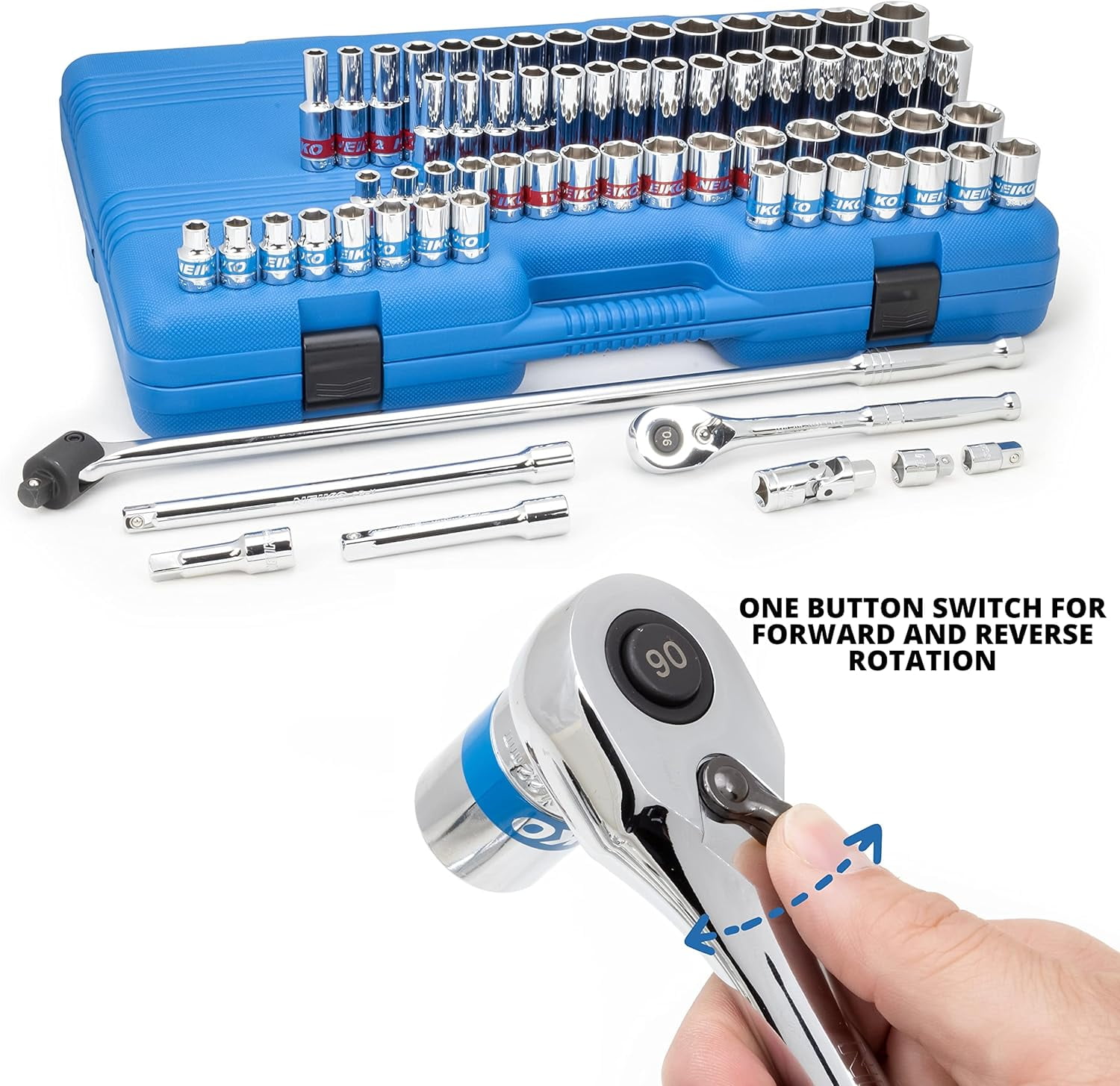 Neiko 02479A 1/2 Inch-Drive Colored Mechanics Tool Ratchet, Socket Set, 68 Piece Standard and Deep SAE Sizes 3/8" to 1-1/4" Metric Sizes 10 mm to 24 mm Made with CrV Steel for Auto Repair