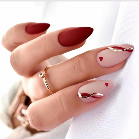 Valentines Press on Nails Medium Almond Fake Nails Wine Red Full Cover Heart False Nails with Gold Line Designs Glossy Glue on Nails Acrylic Nails Manicure Artificial Nails for Women Girls 24Pcs