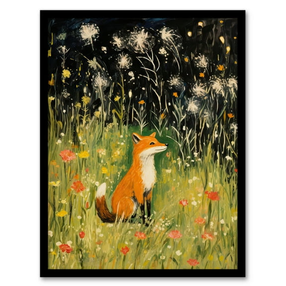 Fox In Wildflower Meadow Acrylic Painting Spring Evening Among Flowers Art Print Framed Poster Wall Decor 12x16 inch