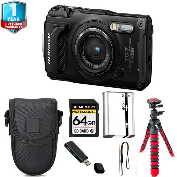 Olympus OM SYSTEM Tough TG-7 Digital Camera (Black)   Tripod   1 Yr Warranty - 64GB Kit (International Version)