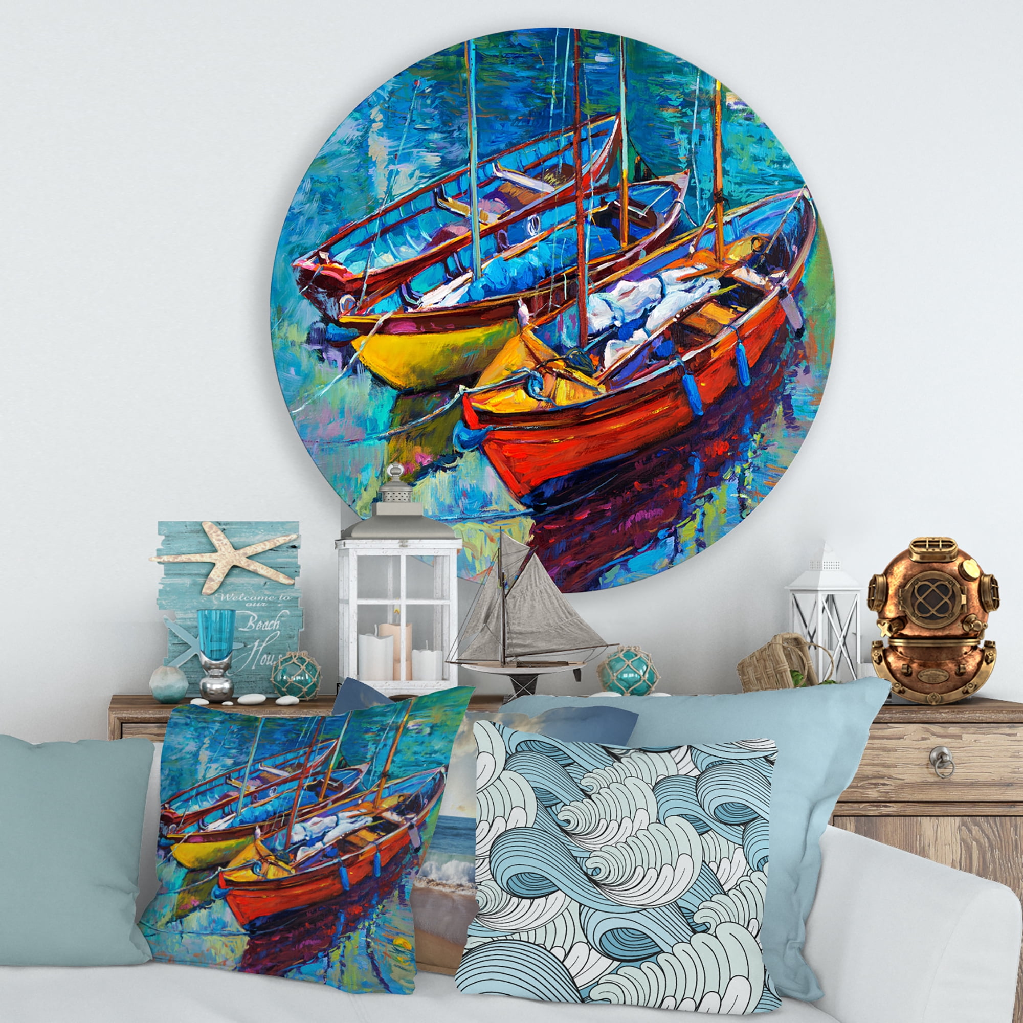 Designart 'Three Colorful Boats In The Harbor' Nautical & Coastal Circle Metal Wall Art 29x29 - Disc of 29