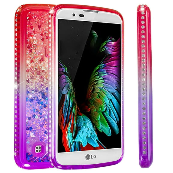 FIEWESEY for LG K10 Case,Liquid Glitter Diamond Quicksand Cute TPU Protective Cover for Girls and Women Phone Case for LG K10(Red/Purple)