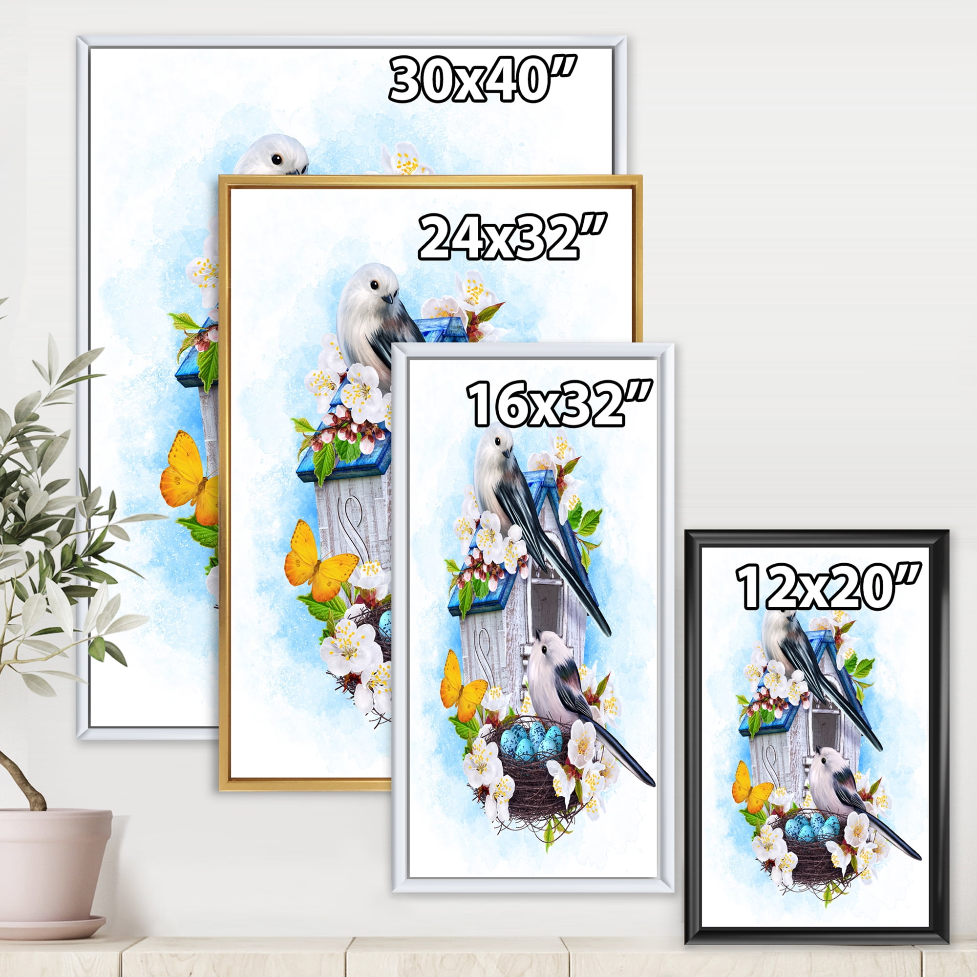 Designart 'Two Tit Birds Sitting Near The Nest With Eggs and White Flowers II' Traditional Framed Canvas Wall Art Print