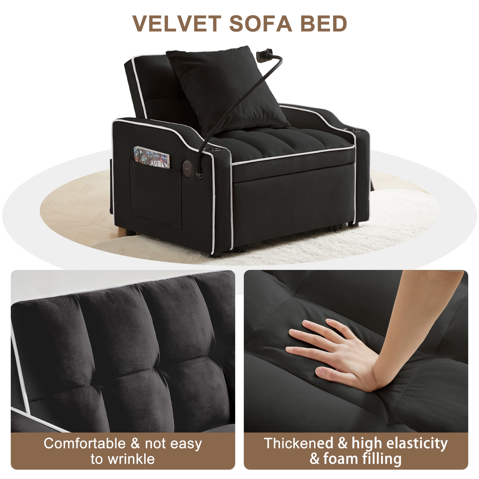 Aukfa Sleeper Chair Bed, Convertible Pull Out Sofa Bed with USB Port, Cup Holders and Swivel Phone Holder, Black