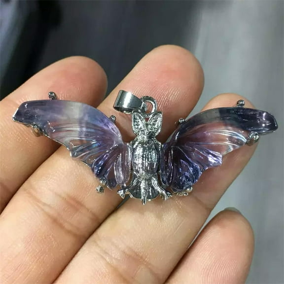 GKNET 1pc Natural fluorite quartz carved Halloween bat pendant crystal reiki healing