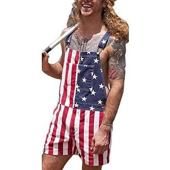 Women Men American Flag Overalls Adjustable Strap Denim Bib Shorts 4th of July Jean Romper Summer Jumpsuit with Pocket