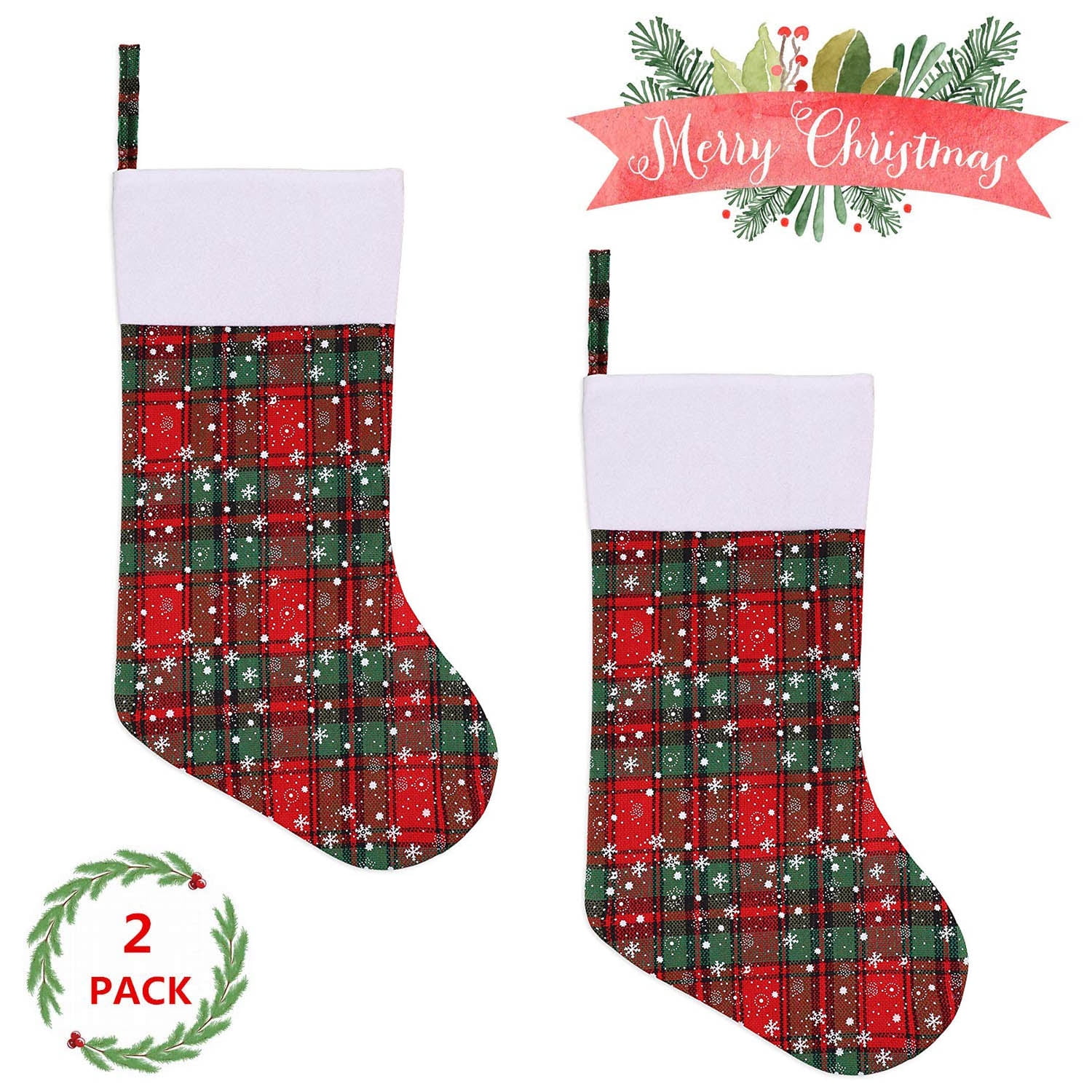 2 PACK 16" Red Tartan Christmas Stockings,Plaid Stocking Craft Socks