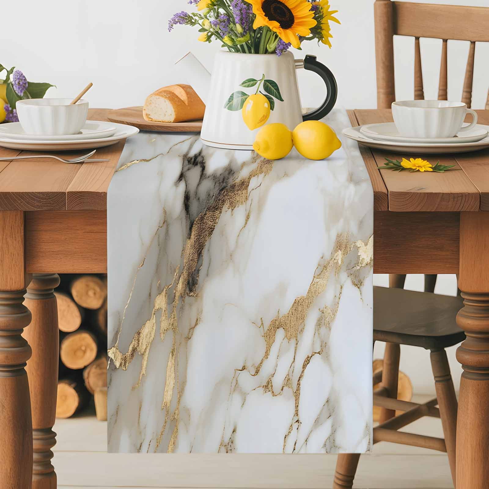 Abstract Natural Art Marble Pattern Table Runner 90 Inches Long, Stone Texture Gpld Stripe Table Runners Tabletop Scarf Kitchen Dining Tables Decoration for Home Party Indoor Outdoor