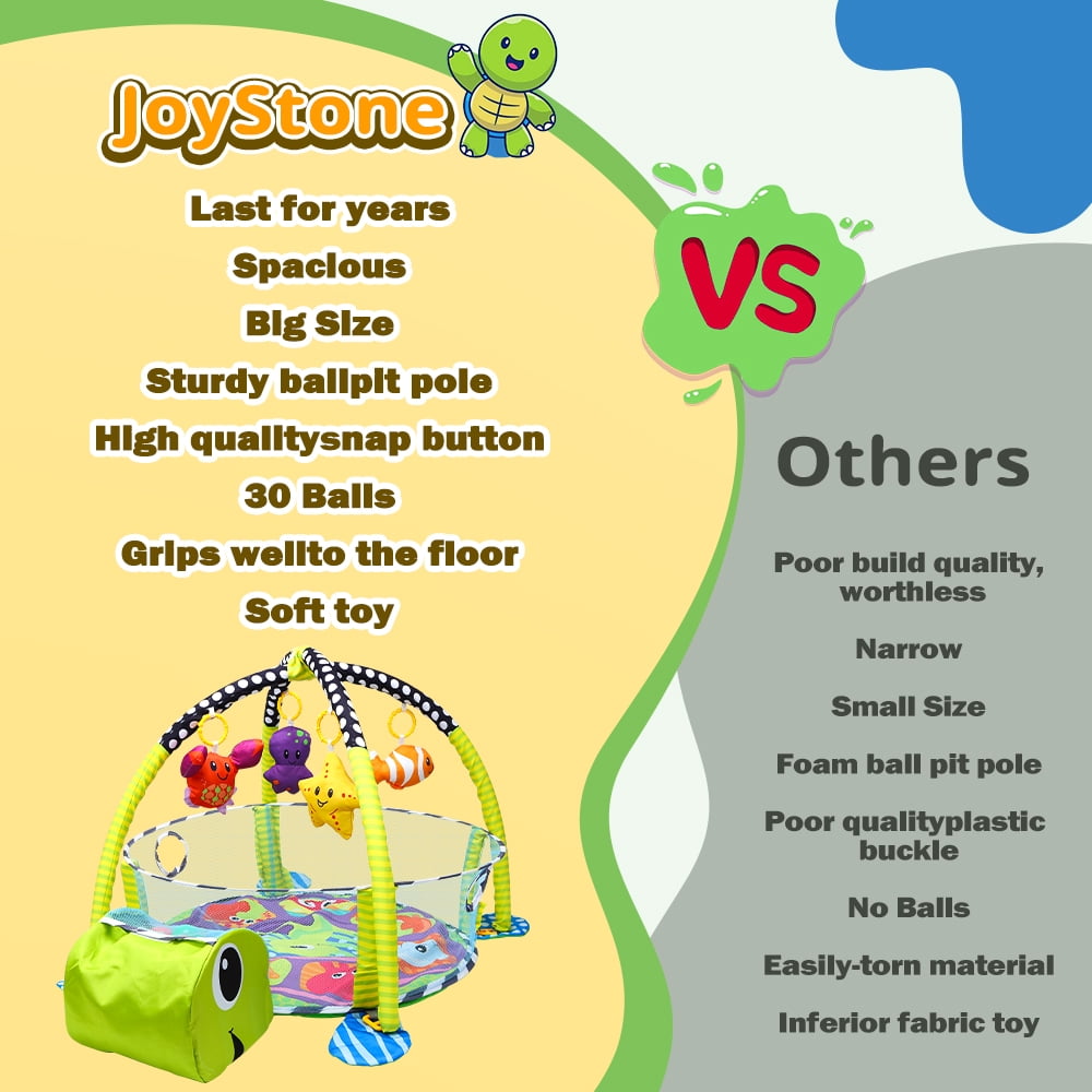 JoyStone 4 in 1 Turtle Baby Play Gym Activity Mat with 30 Balls, 4 Detachable Sound Toys, Baby Sensory Mat for for Toddler Infant, Newborn Gift for Boys and Girls, Green