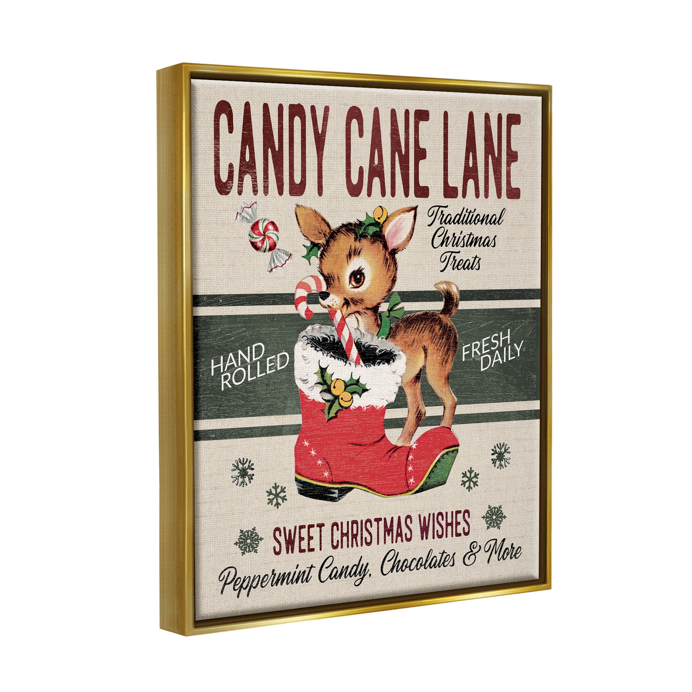 Candy Cane Lane Vintage Reindeer Boot Holiday Graphic Art Metallic Gold Framed Art Print Wall Art