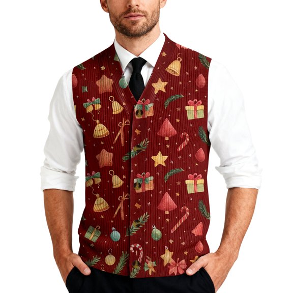 Resicozy Mens Christmas Sweater Vest Funny Xmas Print Holiday Vests V-Neck Casual Cardigan Vest Wine 2 4XL