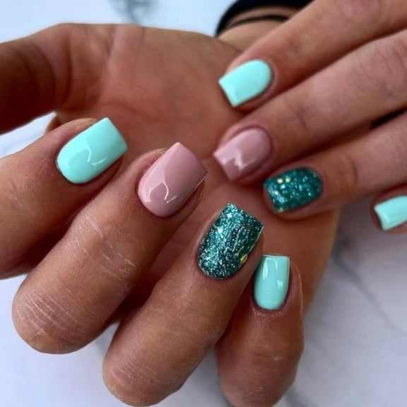 Short Press on Nails Square Fake Green Leopard Print Acrylic Full Cover False with Gold Foil Graphic Designs Glossy Glue Stick Artificial for Women Girls 24PCS style3 1 Fl Oz (Pack of 24)