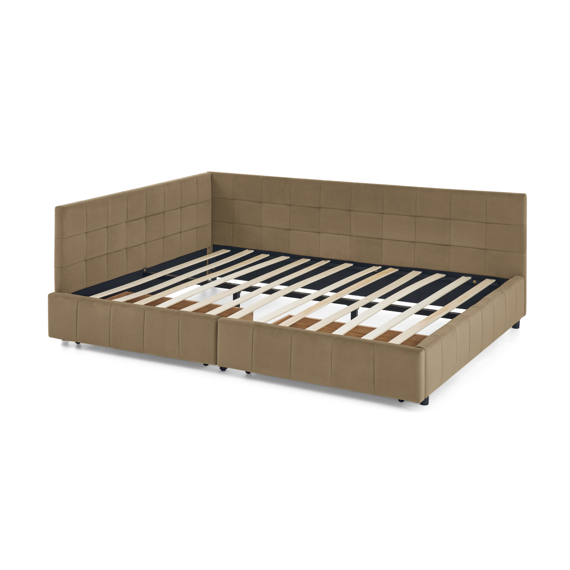 Queen Size Storage Upholstered Tufted Bed Frame with 2 Storage Drawers, Sofa Bed Frame with Comfortable Backrest and Armrests, Velvet Platform Bed for Bedroom, Living Room, No Box Spring Needed, Brown