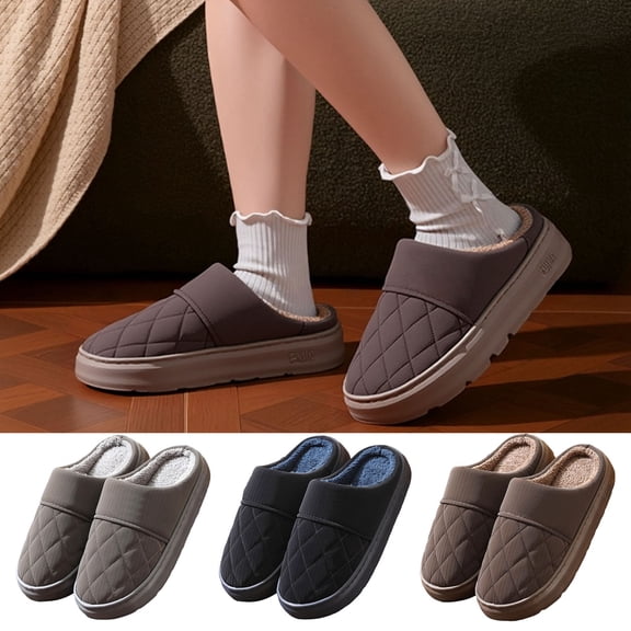 Winter Fuzzy Slippers For Women Cozy Memory Foam House Shoes Soft Knit Non- Indoor Slippers Coffee 44 -45