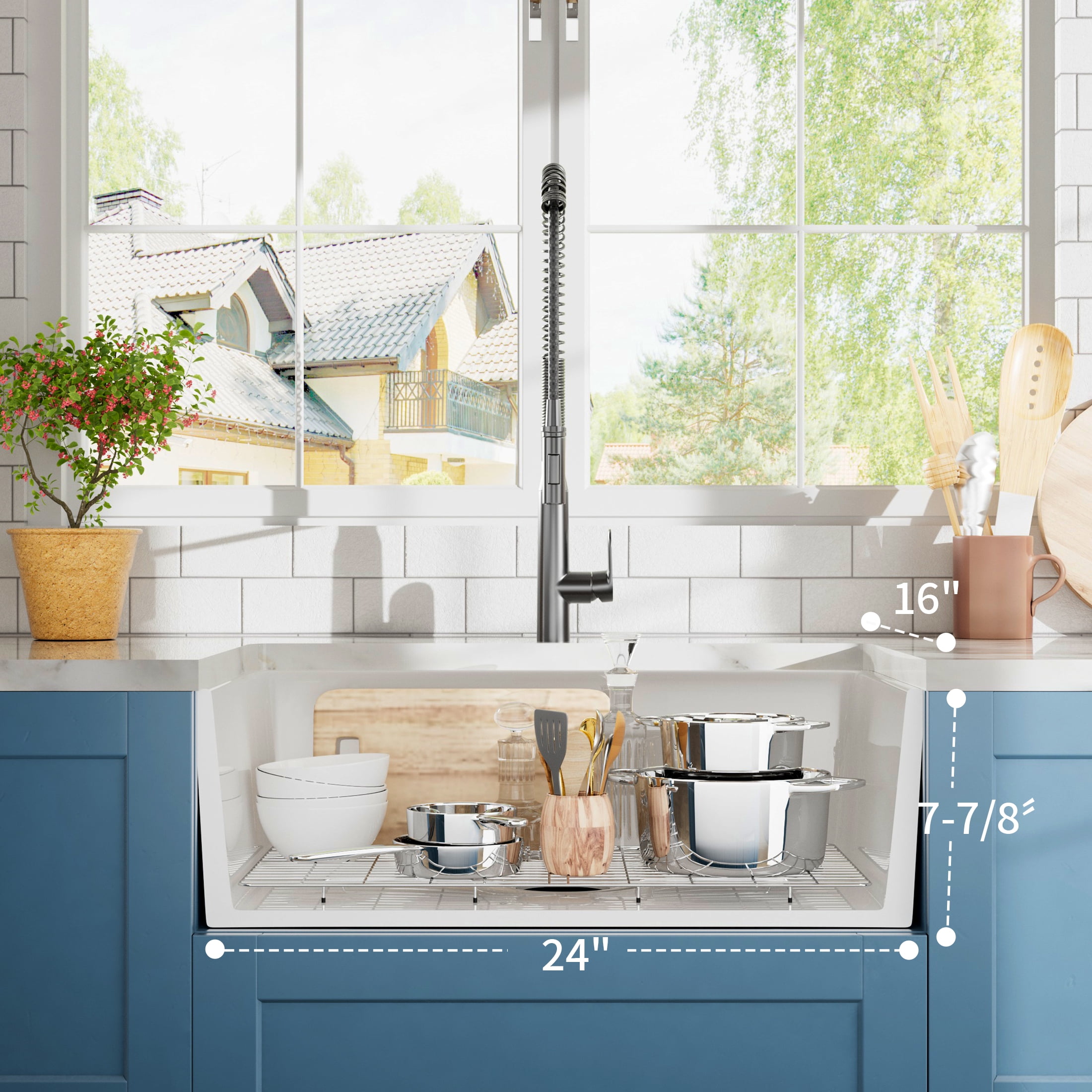 24 Inch White Farmhouse Sink-White Farm Sink for Small Kitchen and Laundry, Luxury Apron Front  Fireclay Porcelain Ceramic ink Single Basin with Bottom Grid and Strainer