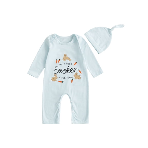 BemeyourBBs Newborn Baby Boy Girl My First Easter Outfit Easter Bunny Romper Spring Clothes Long Sleeve Crew Neck Striped Rabbit Print Jumpsuit with Hat Set
