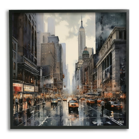 Stupell Industries Taxis in Urban City Transportation Painting Black Framed Art Print Wall Art, 12 x 12