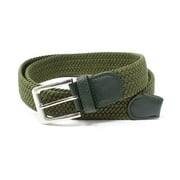 Mens Braided Elastic Stretch Belt Leather Tipped End and Silver Metal Buckle (Olive-M)
