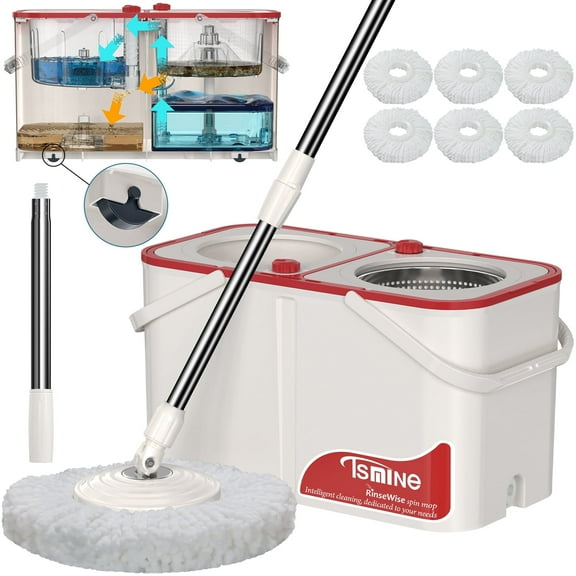 Tsmine Spin Mop Bucket with 4 Wheels, Separate Clean & Dirty Water,  6 Mop Refills