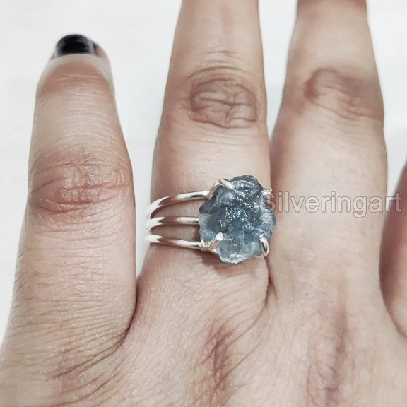 Natural Blue Apatite Ring, Rough Apatite Ring, Healing Birthstone, 3 Plain Band Ring, 925 Sterling Silver, Womens Ring, Christmas, Thanksgiving, Handmade, Statement Jewelry, Rough Gemstone Jewelry
