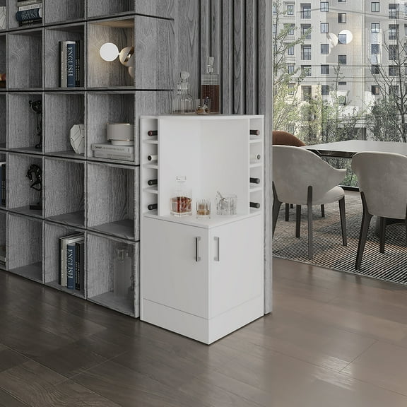 8 Wine Bottle Living Room Bar Cabinet - White Modern Corner With Storage Door 43" Tall And Double Liquor