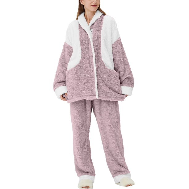 Gibobby camisón para mujer. Ropa de casa de invierno 2022, pijamas finos de terciopelo Coral de Color contrastante, ropa de casa de franela de terciopelo grueso de para mujer (Morado, L)