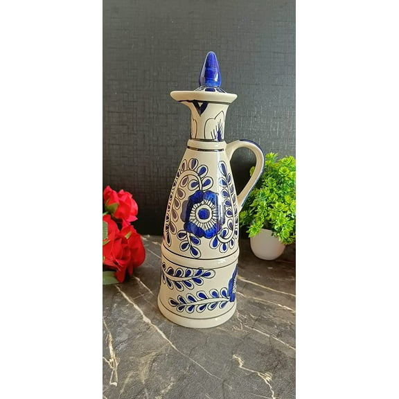 India Meets India Ceramic Bottle/Jug/Jar/Oil Dispenser [White base w/ Blue Florals] Ceramic Storage Bottle for Oil, Vinegar, Sauces, Ketchups, Ceramic Bottle w/ Lid, 11 INCHES, 750 ML