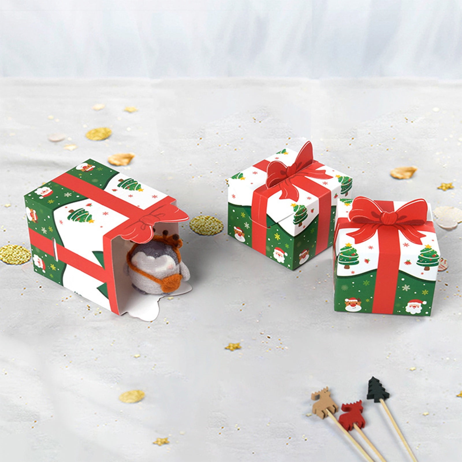 Cadorn 10 PCS 3D Christmas Goody Gift Boxes with Bow for Holiday Xmas Goodie Paper Boxes, School Classroom Party Supplies, Candy Treat Cardboard Cookie Boxes for Gift Giving