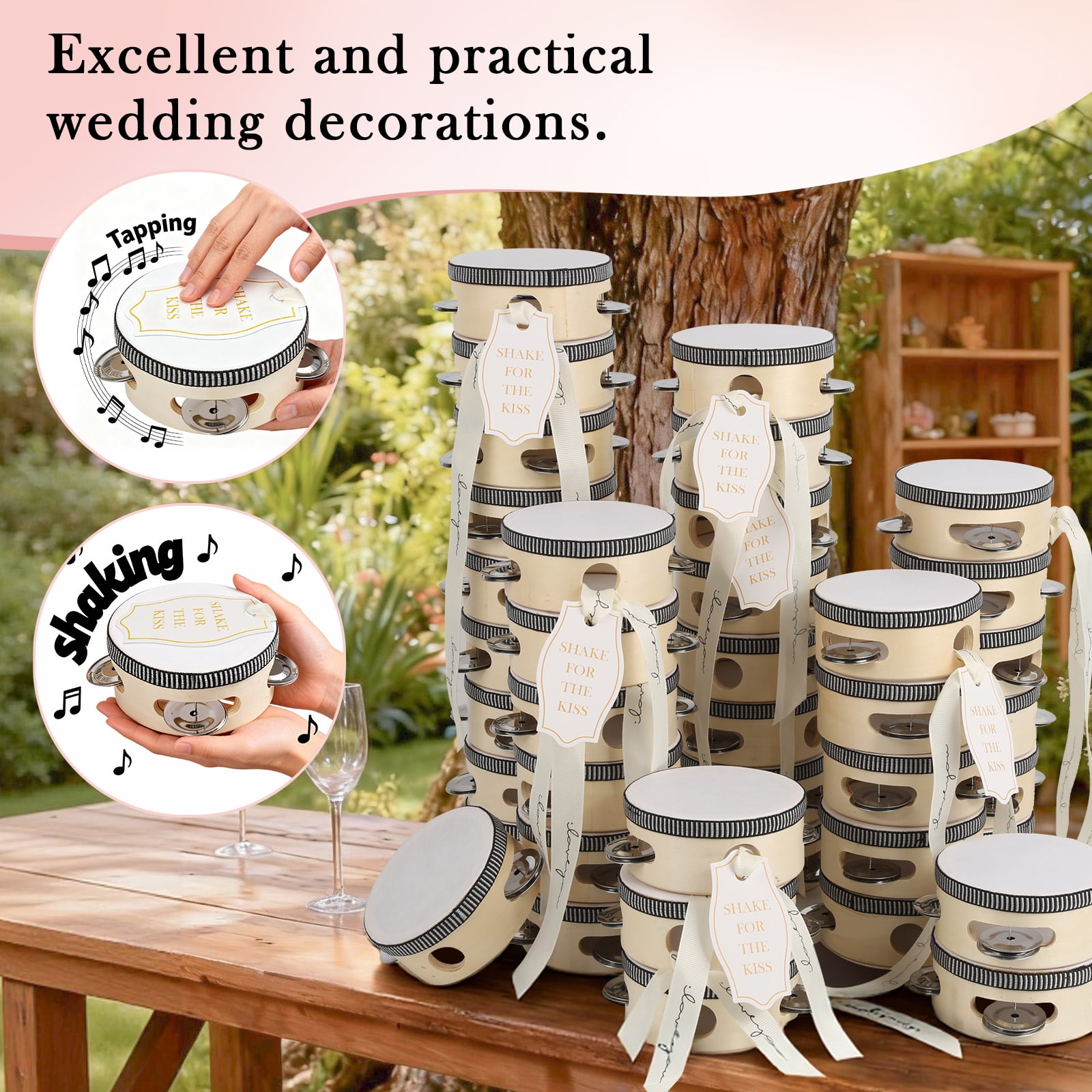 Strafriture 48 Set 4 Inch Tambourine for Hand Held Drum with Gift Tags & White Printed Ribbon Percussion Gift Musical Instrument for Church Wedding Party Favor