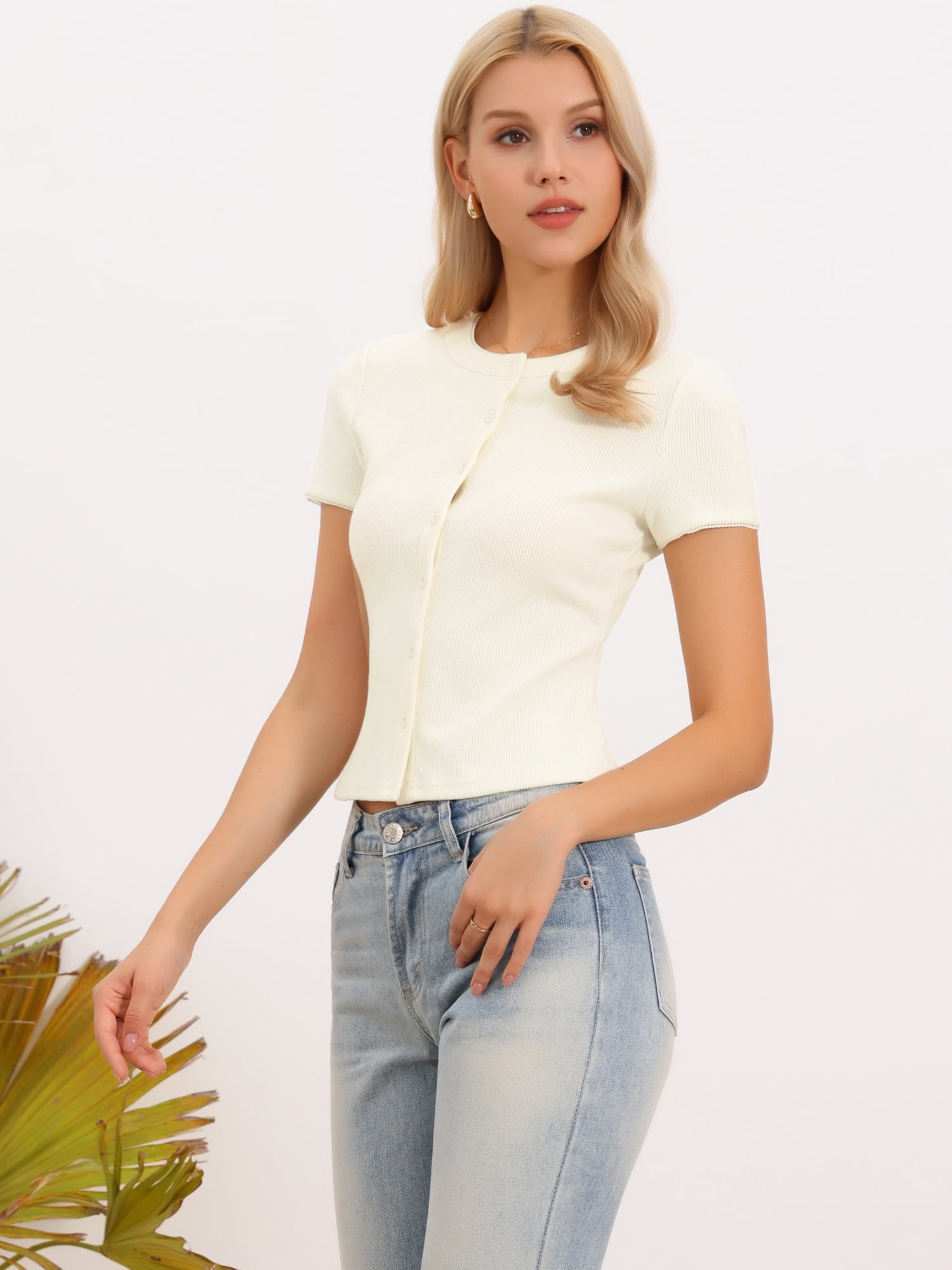 DARING DIVA Women's Short Sleeve Crew Neck Button Down Knitted Tshirts S White