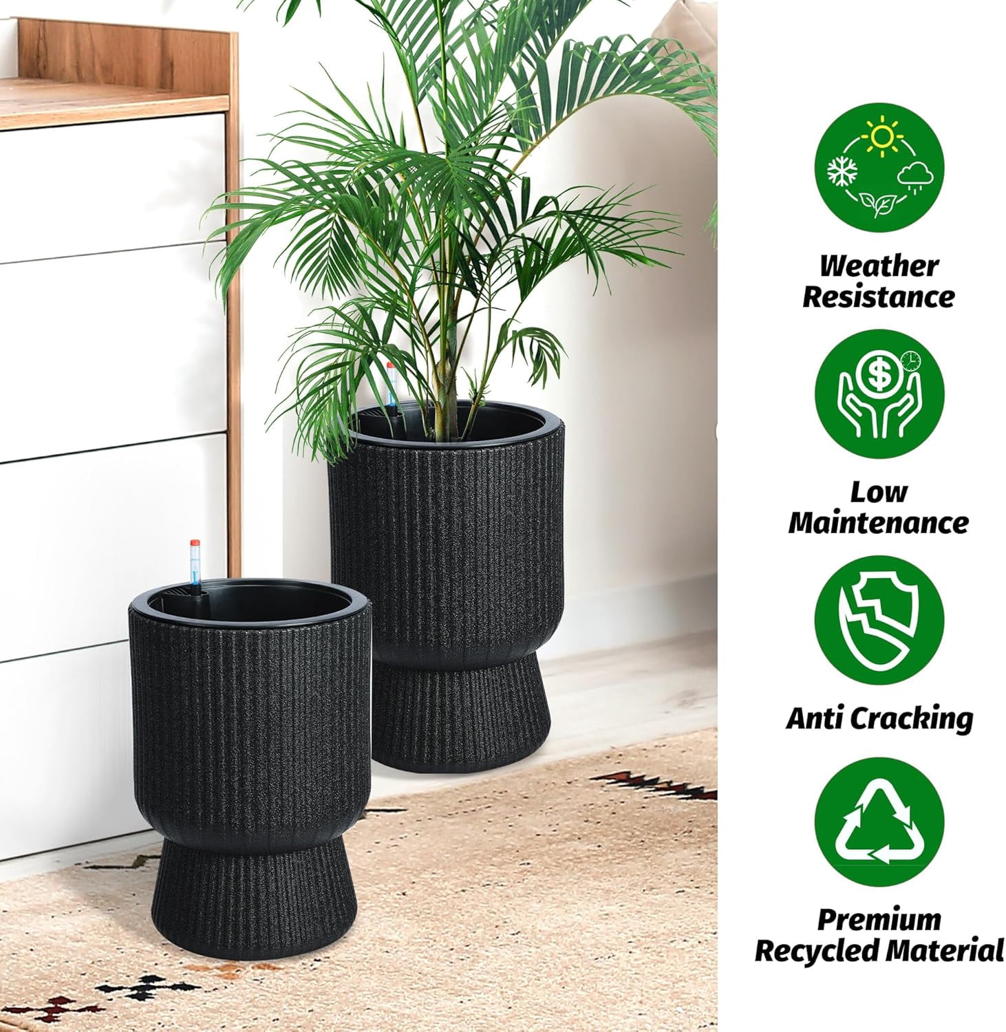 Riedhoff 14.2" Planters Pots Set of 2, with Inner Bucket & Water Level Monitor, Black