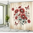 thumbnail image 2 of Rustic Shower Curtain, Warm Colored Flowers Botanical Design on Wooden Planks Look Back, Cloth Fabric Bathroom Decor Set with Hooks, 69" W x 84" L, Red Blue Grey and Eggshell, 2 of 7
