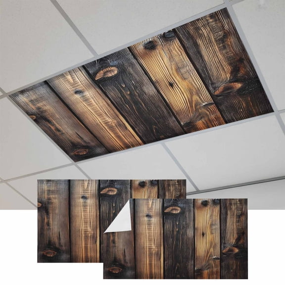 Black Brown Board Fluorescent Light Covers, Vintage Chic Shabby Wooden Grain Magnetic Light Covers for Ceiling Lights, Fluorescent Ceiling Shade Filters for Classroom Bedroom Office 4x2Ft x 2PCS