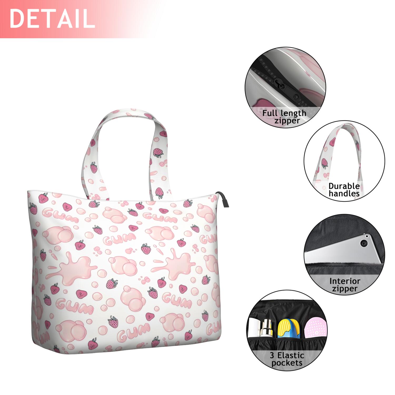 Red Strawberry Plants Gum White Pattern Travel Tote Bags for Women Carry On,Large Weekender Bags for Women Travel,Multi Functional Duffle Bag for Work,Shopping,Sports