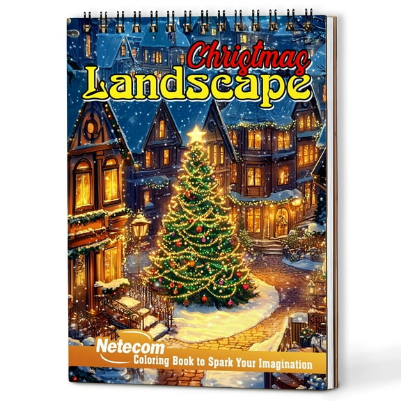 Netecom Christmas Landscape Coloring Book Spiral Bound for Adults, A5 Wooden Cover, 30 Beautiful Coloring Pages of Winter Scenes in Xmas Holiday for Stress Relief and Relaxation