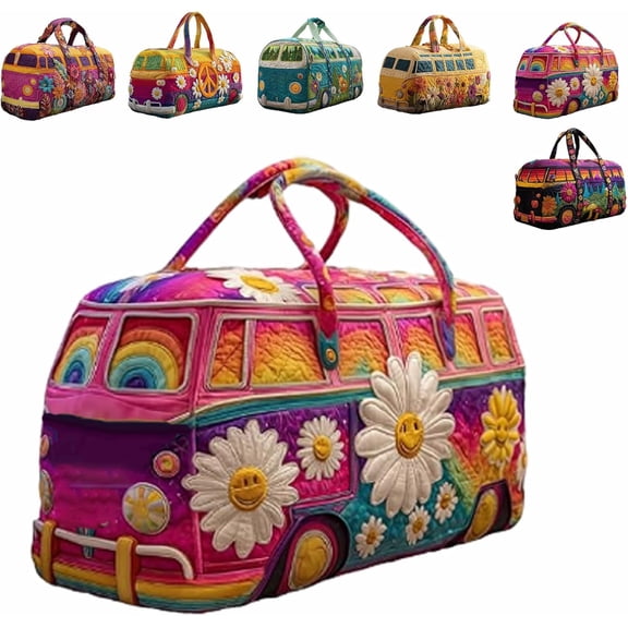 Hippie Van Quilted Duffle Bag, Boho Travel Weekender Bag with Adjustable Strap, Retro Style for Everyday Travel (#01, Large (18"x9"x9"))